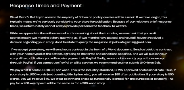 Orion's Belt Response Time and Payment