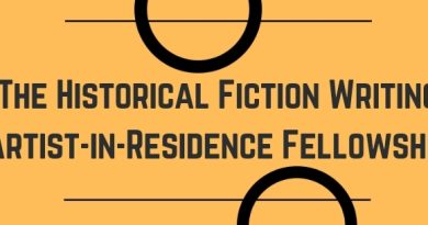 The Historical Fiction Writing Artist-in-Residence Fellowship. Black and yellow Flyer.