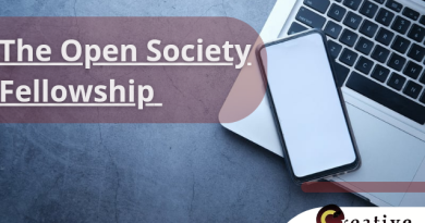 The Open Society Fellowship. Flyer. Creative Writing News Logo. Phone on Laptop edge.