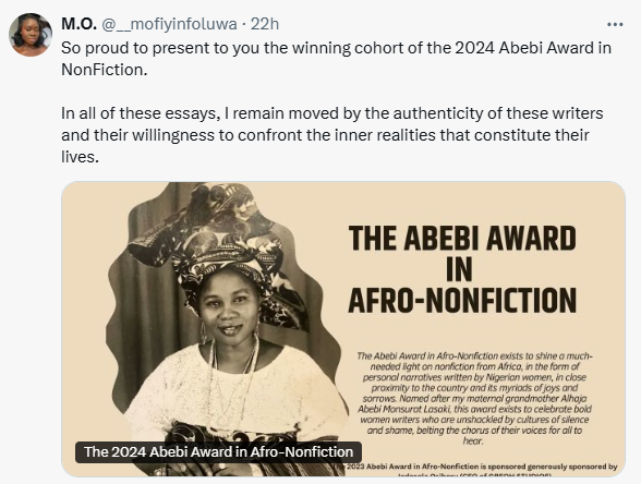 Screenshot of the 2024 Winners of the Aebi Award for NonFiction announcement on X