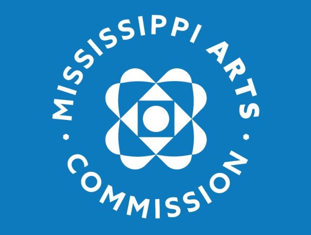 The Mississippi Arts Commission Artist Fellowships, logo, circle, blue and white. 