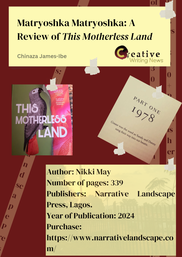 A Review of This Motherless Land, flyer. Maroon and Yellow. Publication details. 